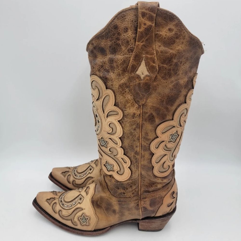 Corral Boots Womens Sz 9 M Brown Leather Two Tone Leather Western Boots Pull On